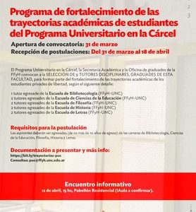 Convocatoria – 1 tutor egresade de la Escuela de Bibliotecología (FFyH-UNC) – Programa de fortalecimiento de las trayectorias académicas de estudiantes del Programa Universitario en la Cárcel Convocatoria – 1 tutor egresade de la Escuela de Bibliotecología (FFyH-UNC) – Programa de fortalecimiento de las trayectorias académicas de estudiantes del Programa Universitario en la Cárcel
