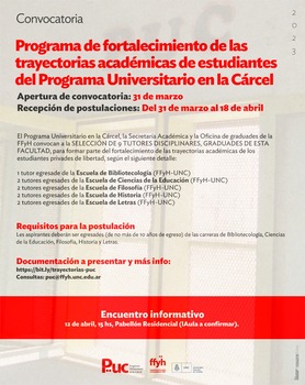 Convocatoria – 1 tutor egresade de la Escuela de Bibliotecología (FFyH-UNC) – Programa de fortalecimiento de las trayectorias académicas de estudiantes del Programa Universitario en la Cárcel Convocatoria – 1 tutor egresade de la Escuela de Bibliotecología (FFyH-UNC) – Programa de fortalecimiento de las trayectorias académicas de estudiantes del Programa Universitario en la Cárcel